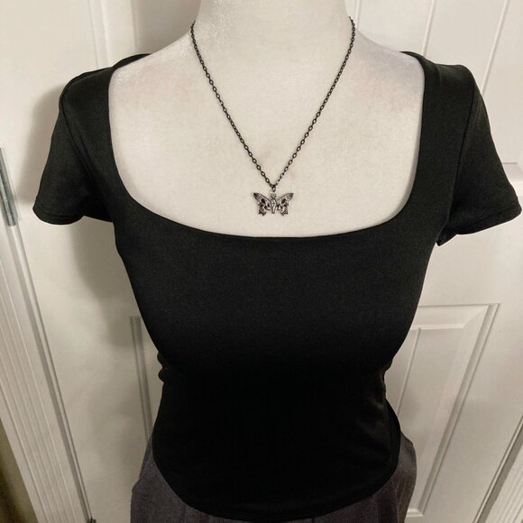 LIVE IN THE MOMENT Black square neck crop top ~ Goth stretchy XS SMALL shirt tee - Picture 4 of 12